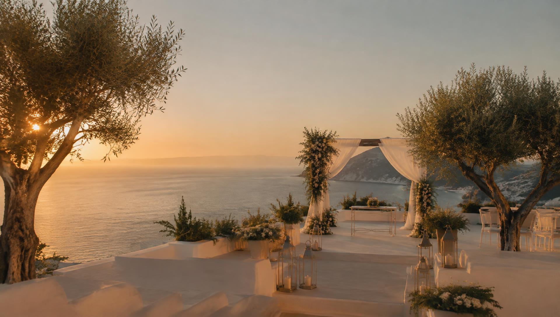 Clifftop Mediterranean ceremony terrace with olive trees at sunset