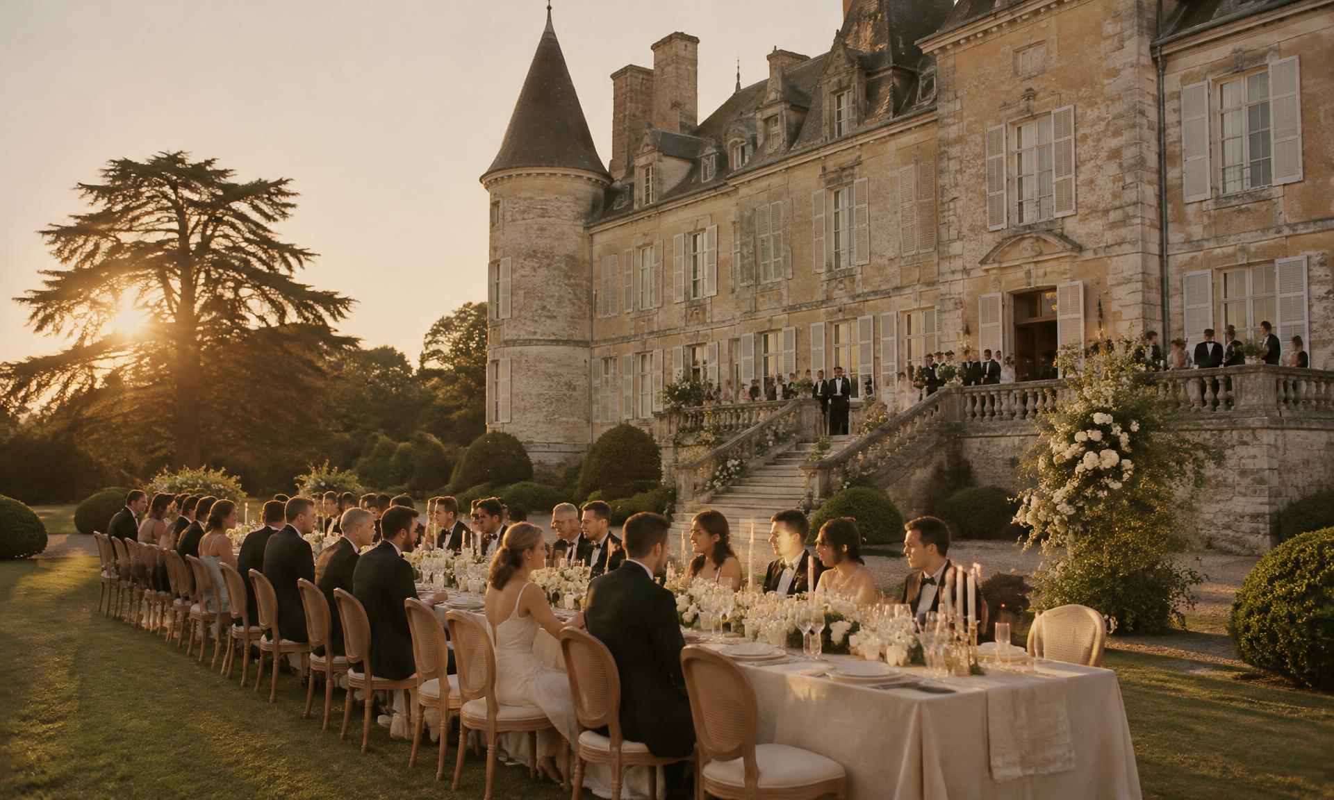 Candlelit wedding reception table on the lawn of a French château at sunset